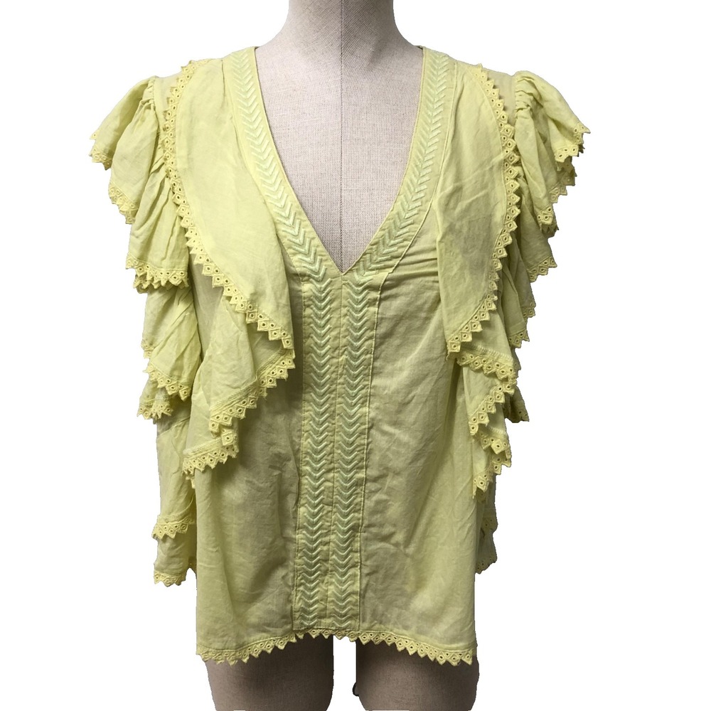 Ramy Brook Della V Neck Ruffle Blouse Top Womens Medium Yellow Boho Indie Retro‎
